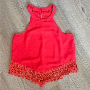Elegant Red Lace Trim Halter Top